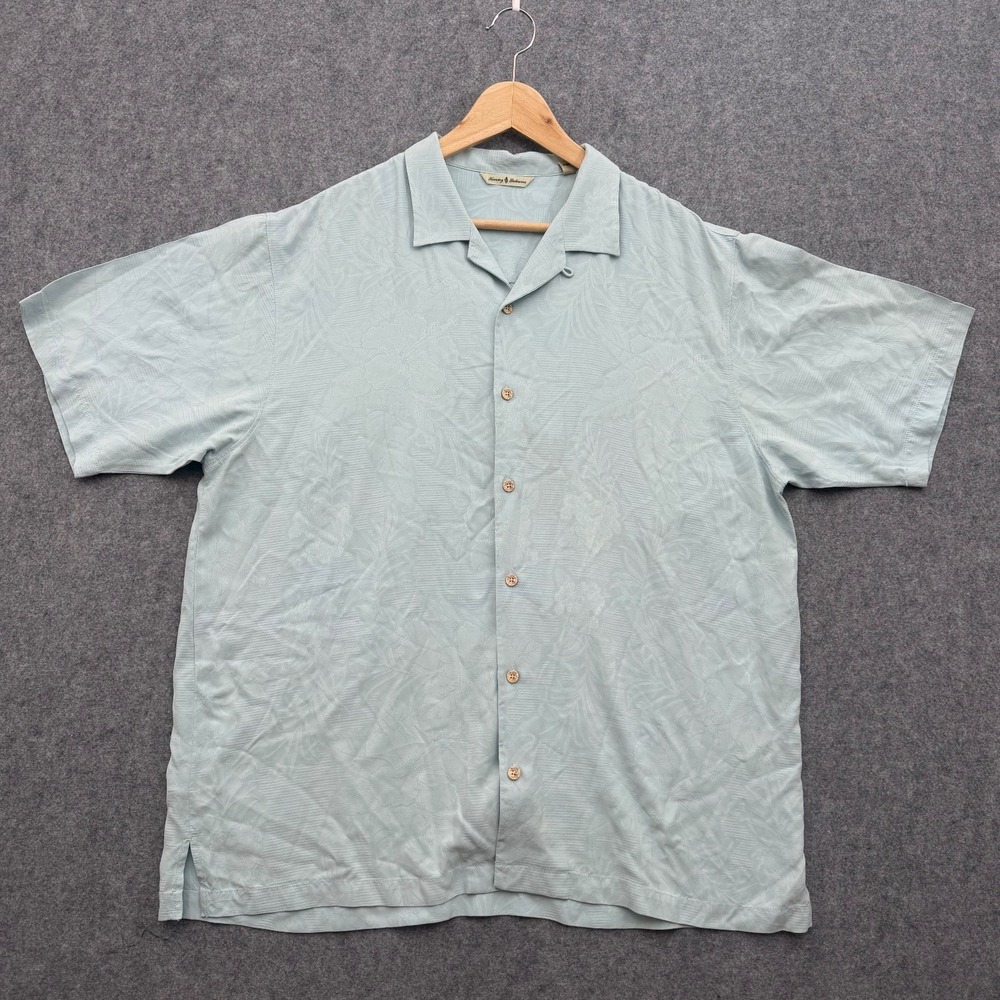 Tommy Bahama Men's XL Light Blue Silk Tropical Button-Up Shirt Camp Hawaiian